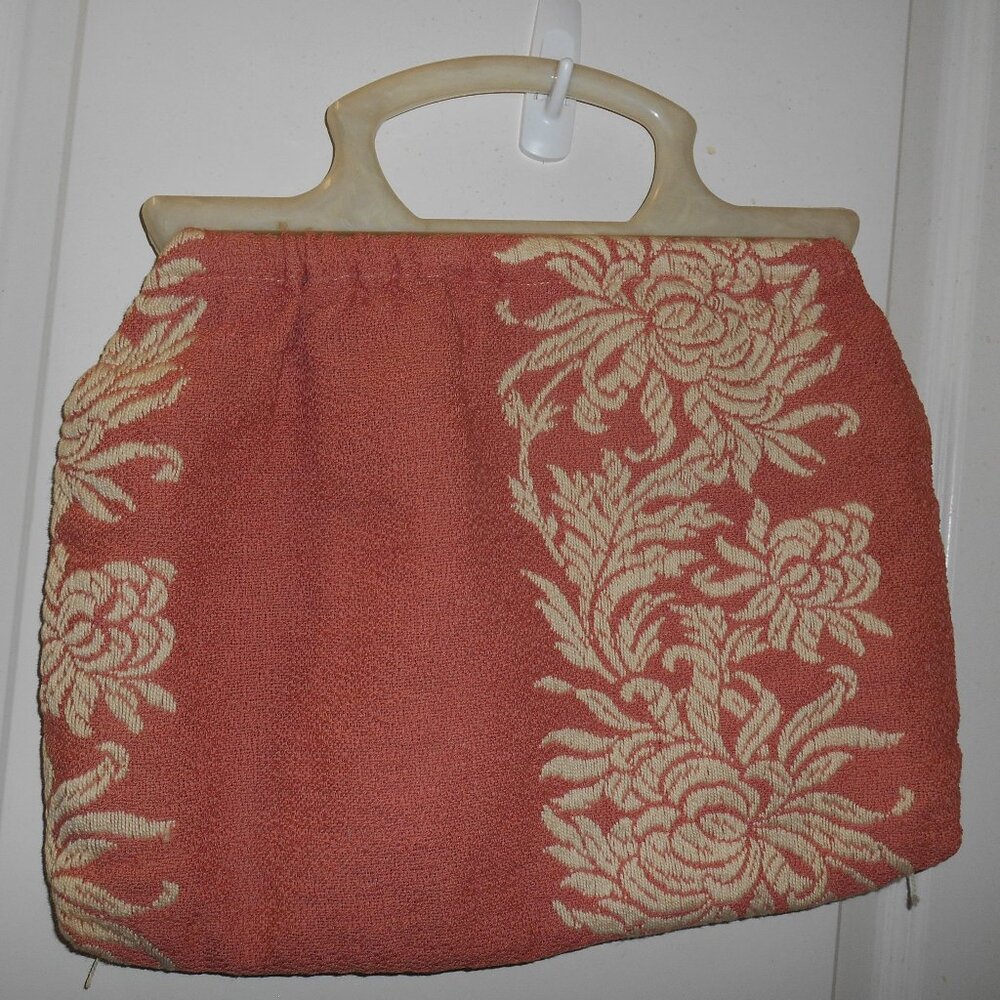 VINTAGE HANDMADE CORAL PINK FLORAL TAPESTRY HANDBAG PURSE